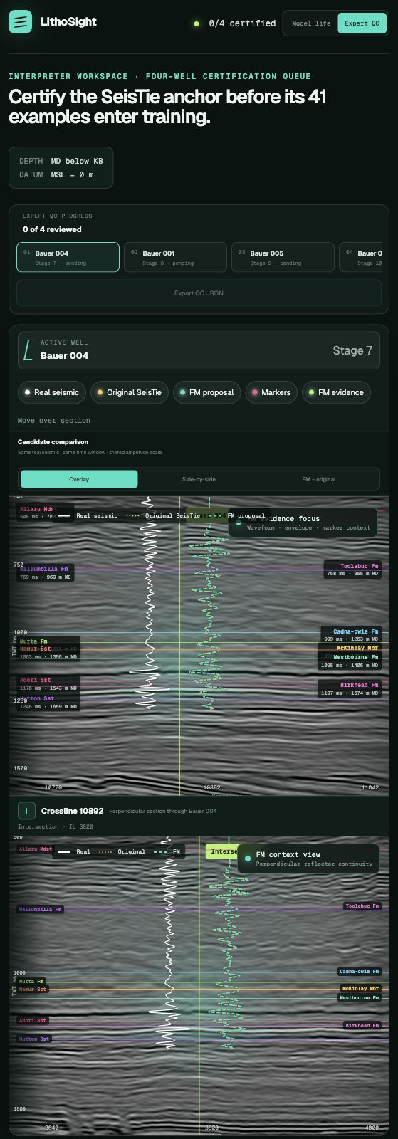 Real Bauer POC expert-QC interface with seismic, calibration evidence and expert decision controls