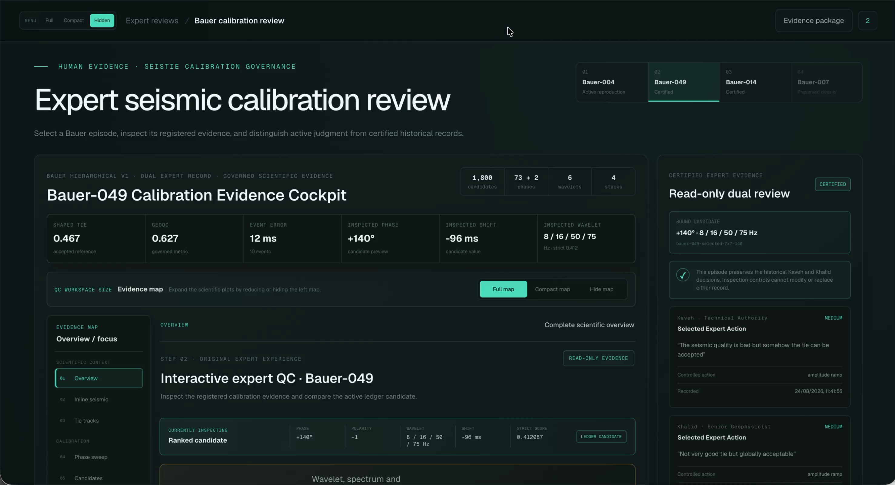 Real LithoSight Foundry interface showing a Bauer calibration evidence cockpit and certified expert review